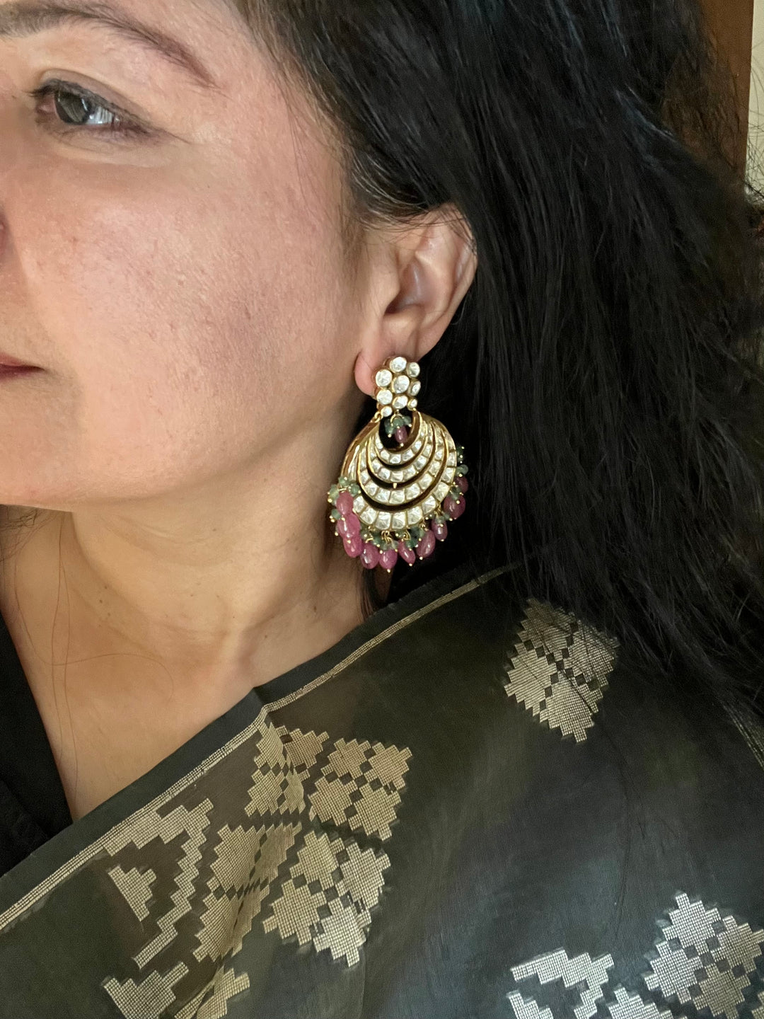 Pure 925 Silver Polki Chandbaalis with Ruby