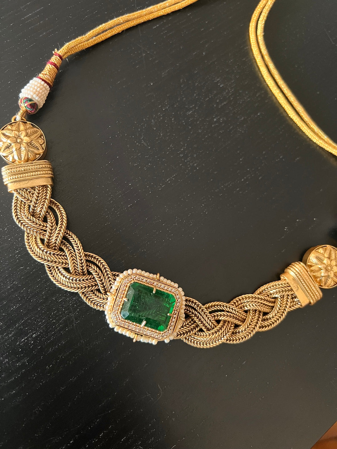 Handmade Statement Choker Necklace with Doublet Stone & Pearls | Adjustable Dori Brass Jewelry