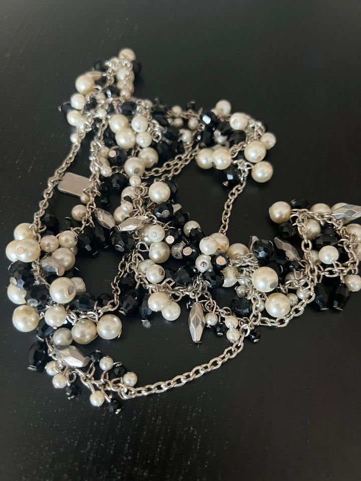 Statement Beaded Long Necklace: Double Layer Pearl and Beads