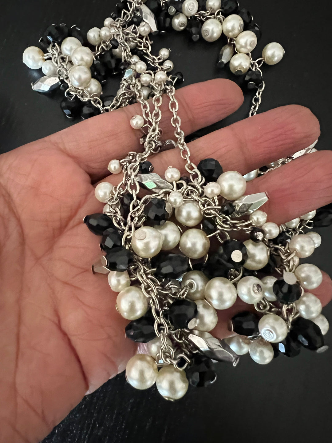 Statement Beaded Long Necklace: Double Layer Pearl and Beads