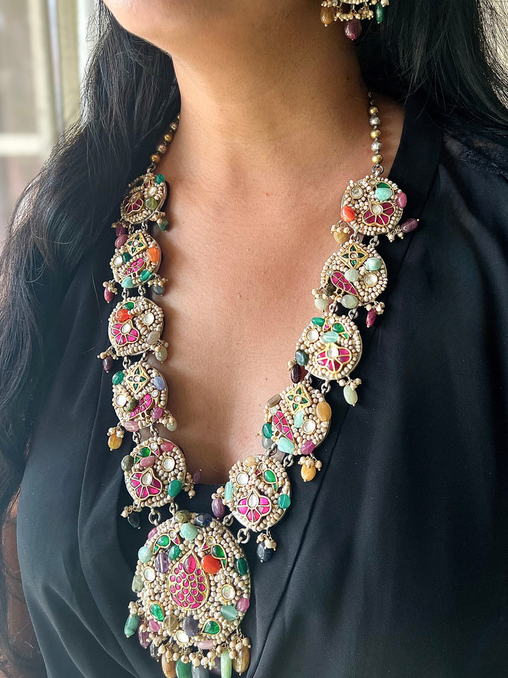 Handmade 925 Silver Nakhra Gemstone Necklace Set | SHIVKA