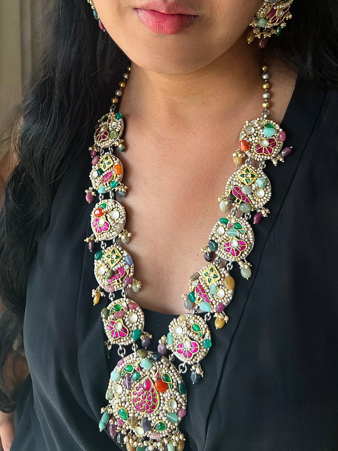 Handmade 925 Silver Nakhra Gemstone Necklace Set | SHIVKA