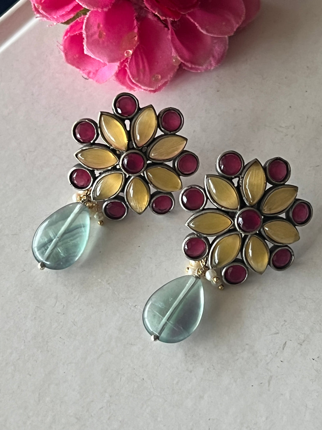 Natural Fluorite Drop Antique Earrings