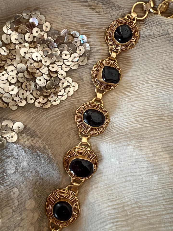 Designer Brass Stone Bracelet | Gold Plated Adjustable Natural Stone Bracelet | SHIVKA Elegant Statement Jewelry