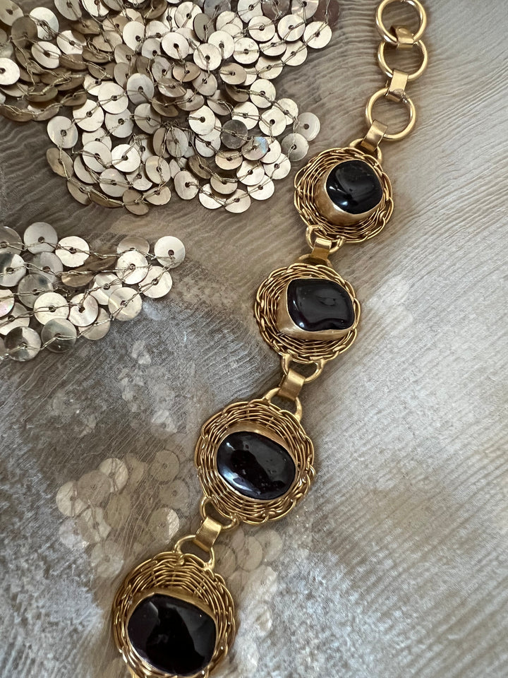 Designer Brass Stone Bracelet | Gold Plated Adjustable Natural Stone Bracelet | SHIVKA Elegant Statement Jewelry