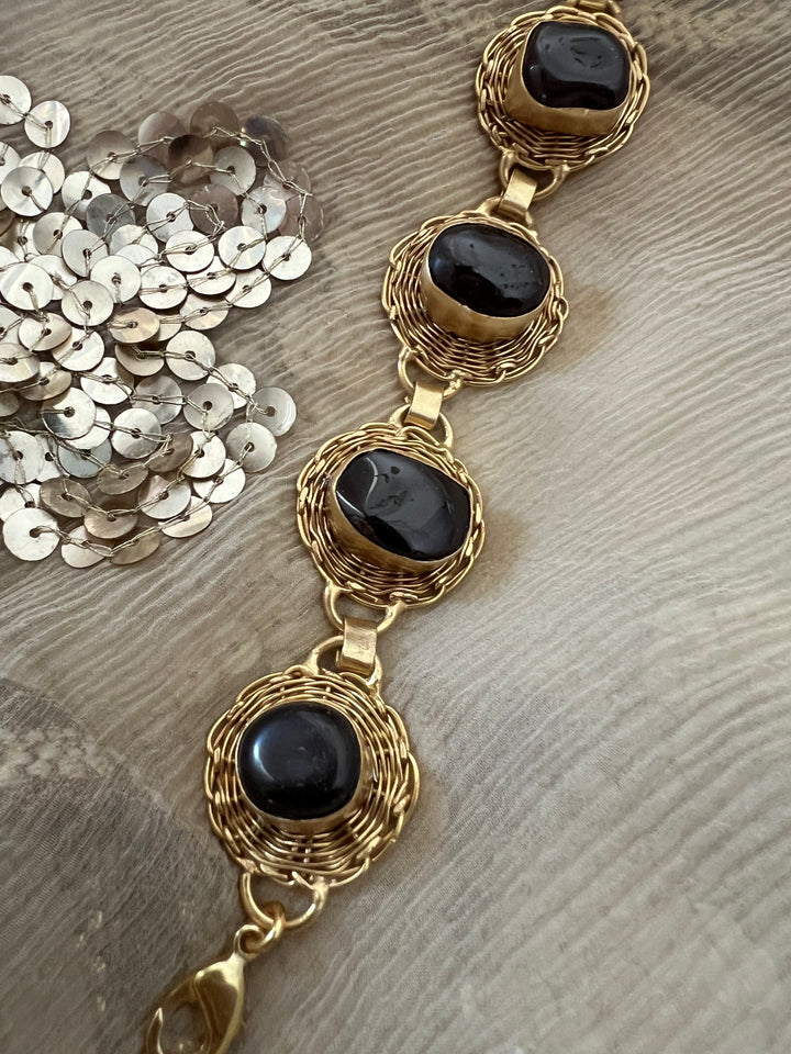 Designer Brass Stone Bracelet | Gold Plated Adjustable Natural Stone Bracelet | SHIVKA Elegant Statement Jewelry