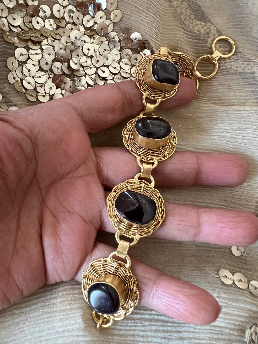 Designer Brass Stone Bracelet | Gold Plated Adjustable Natural Stone Bracelet | SHIVKA Elegant Statement Jewelry