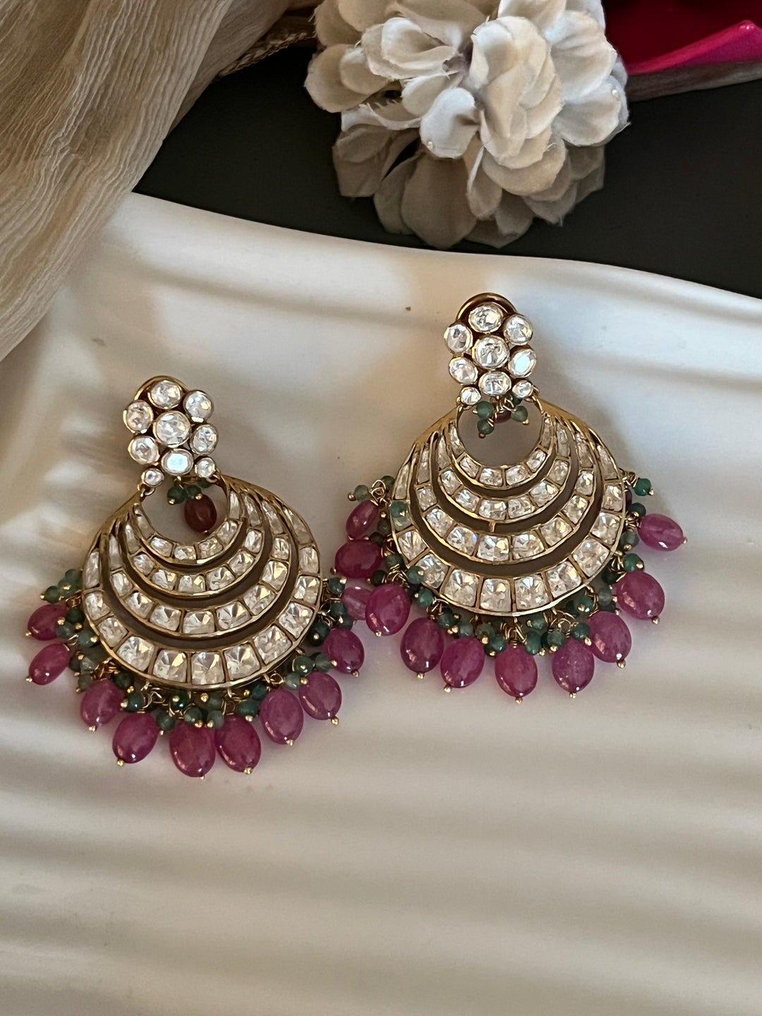 Pure 925 Silver Polki Chandbaalis with Ruby