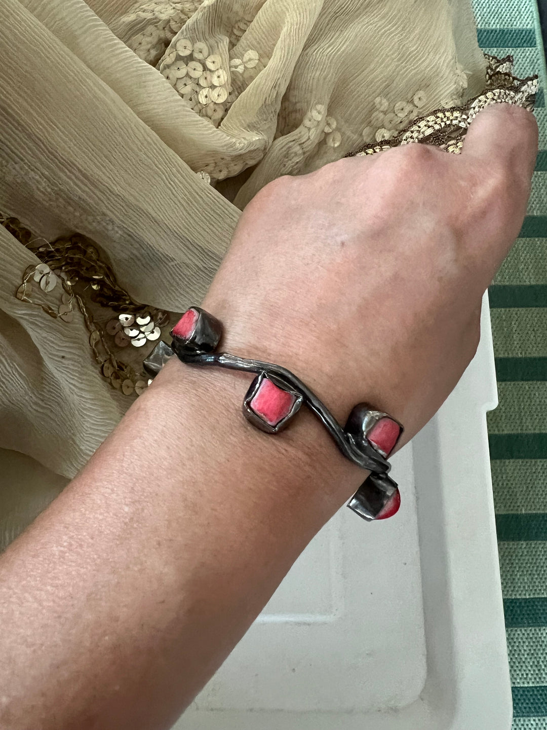 Stylish Rhodium Plated Coral Bangle | Brass & Coral Stone Statement Bracelet