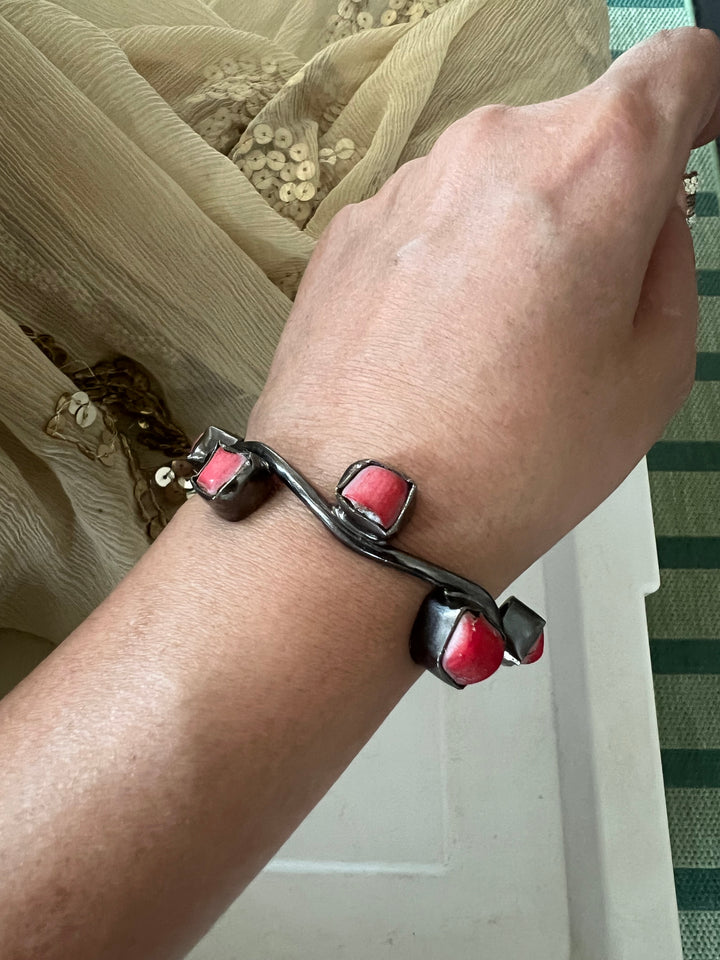 Stylish Rhodium Plated Coral Bangle | Brass & Coral Stone Statement Bracelet
