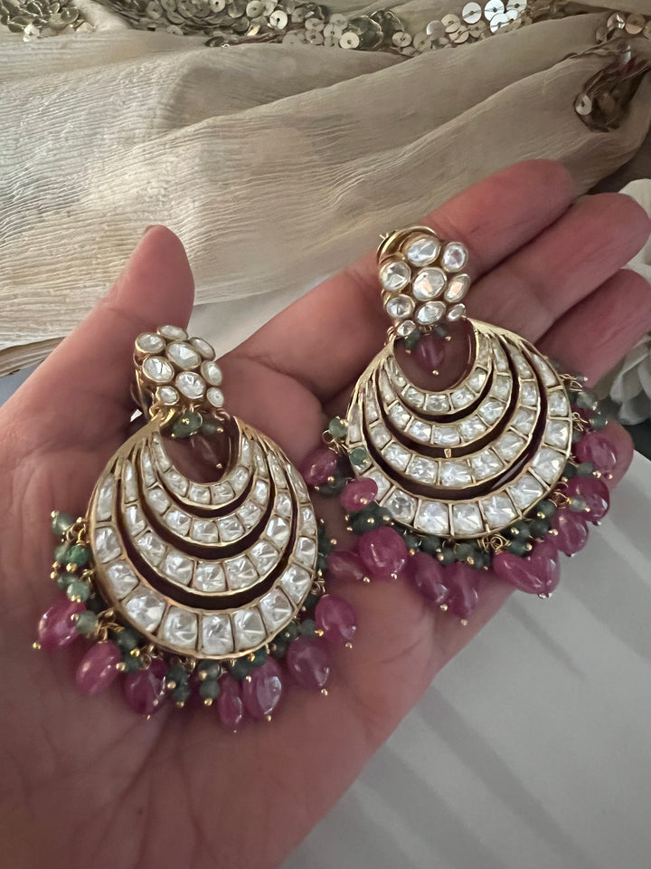 Pure 925 Silver Polki Chandbaalis with Ruby