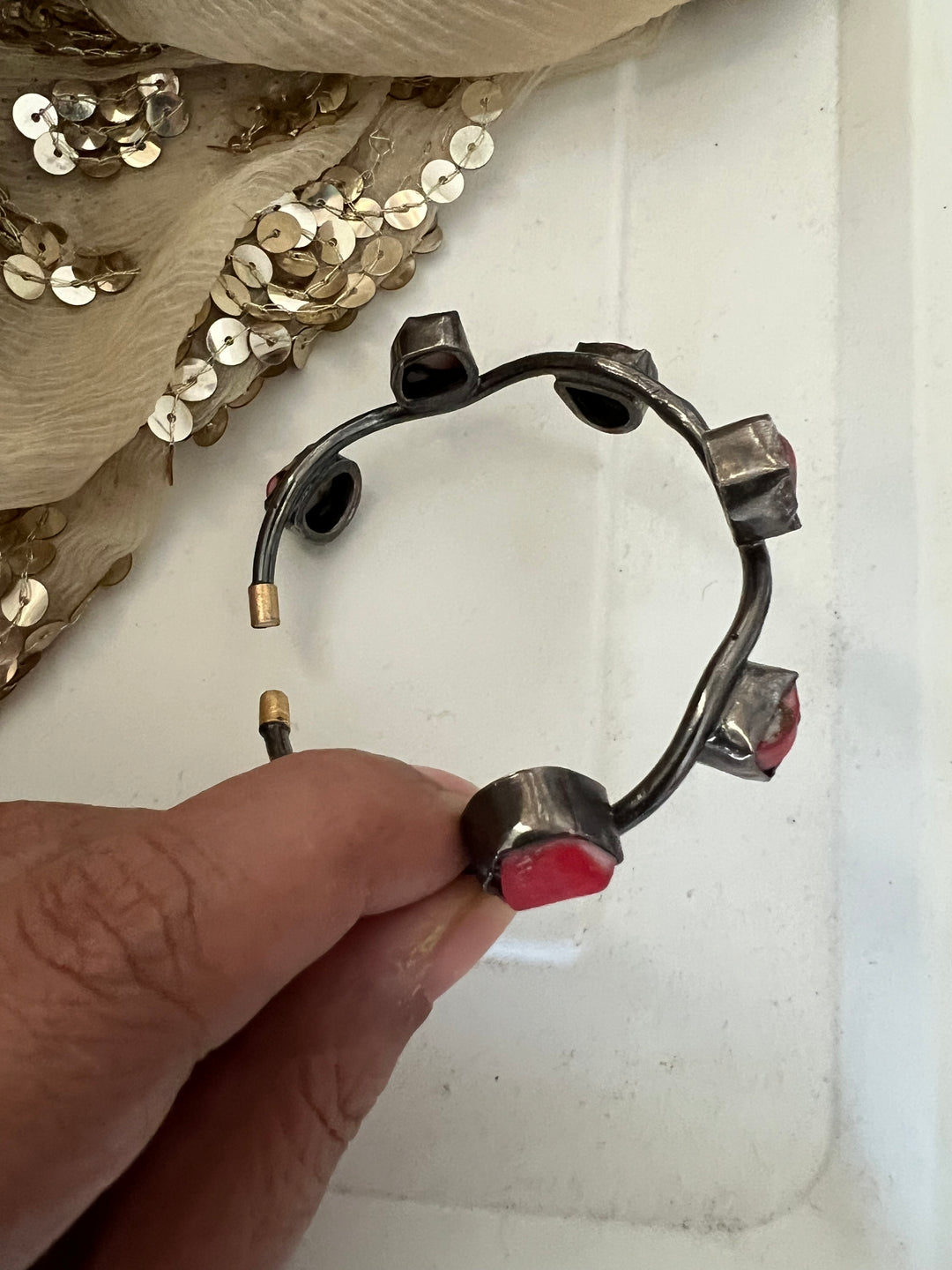 Stylish Rhodium Plated Coral Bangle | Brass & Coral Stone Statement Bracelet