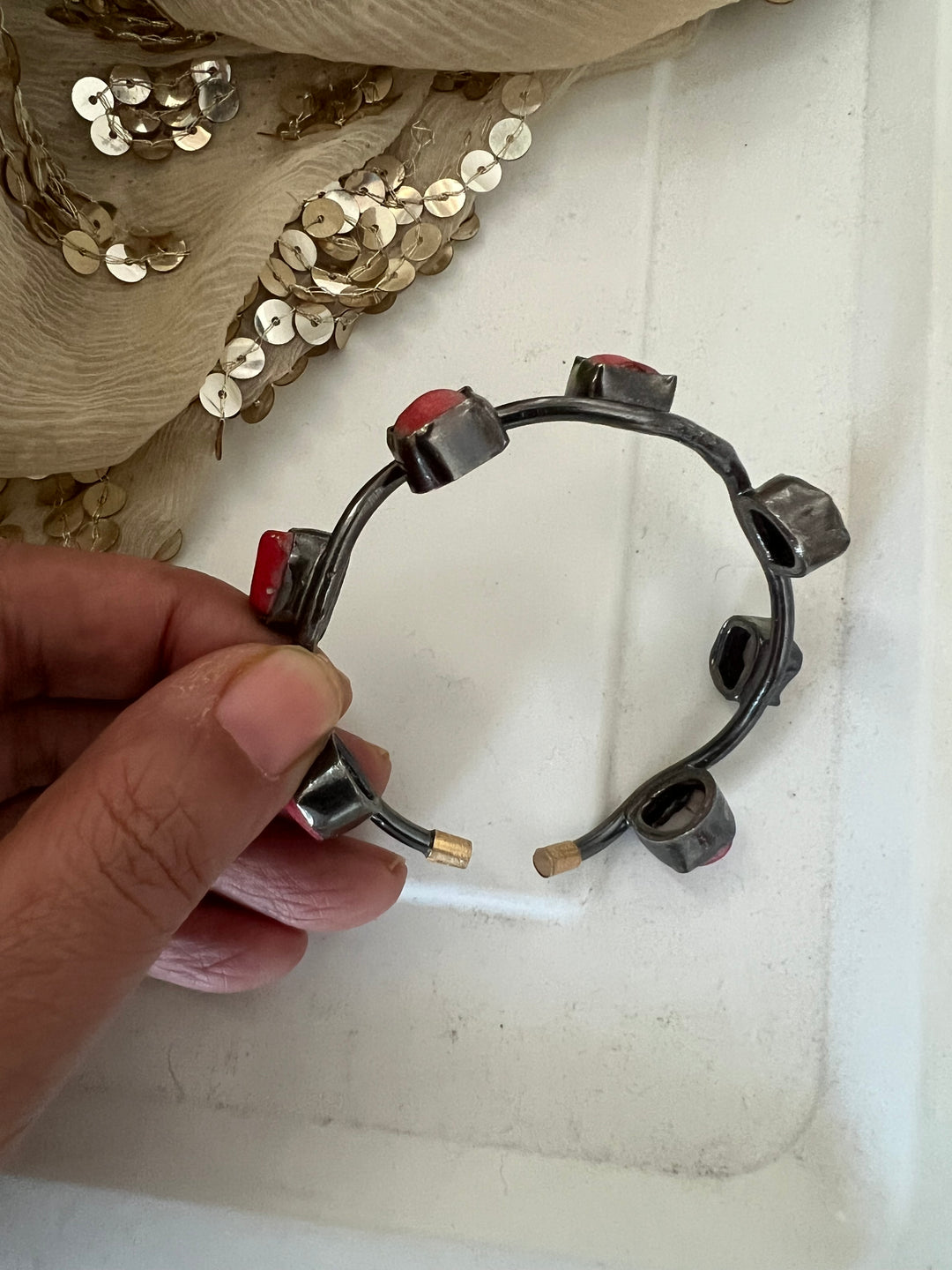 Stylish Rhodium Plated Coral Bangle | Brass & Coral Stone Statement Bracelet