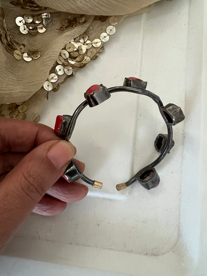 Stylish Rhodium Plated Coral Bangle | Brass & Coral Stone Statement Bracelet