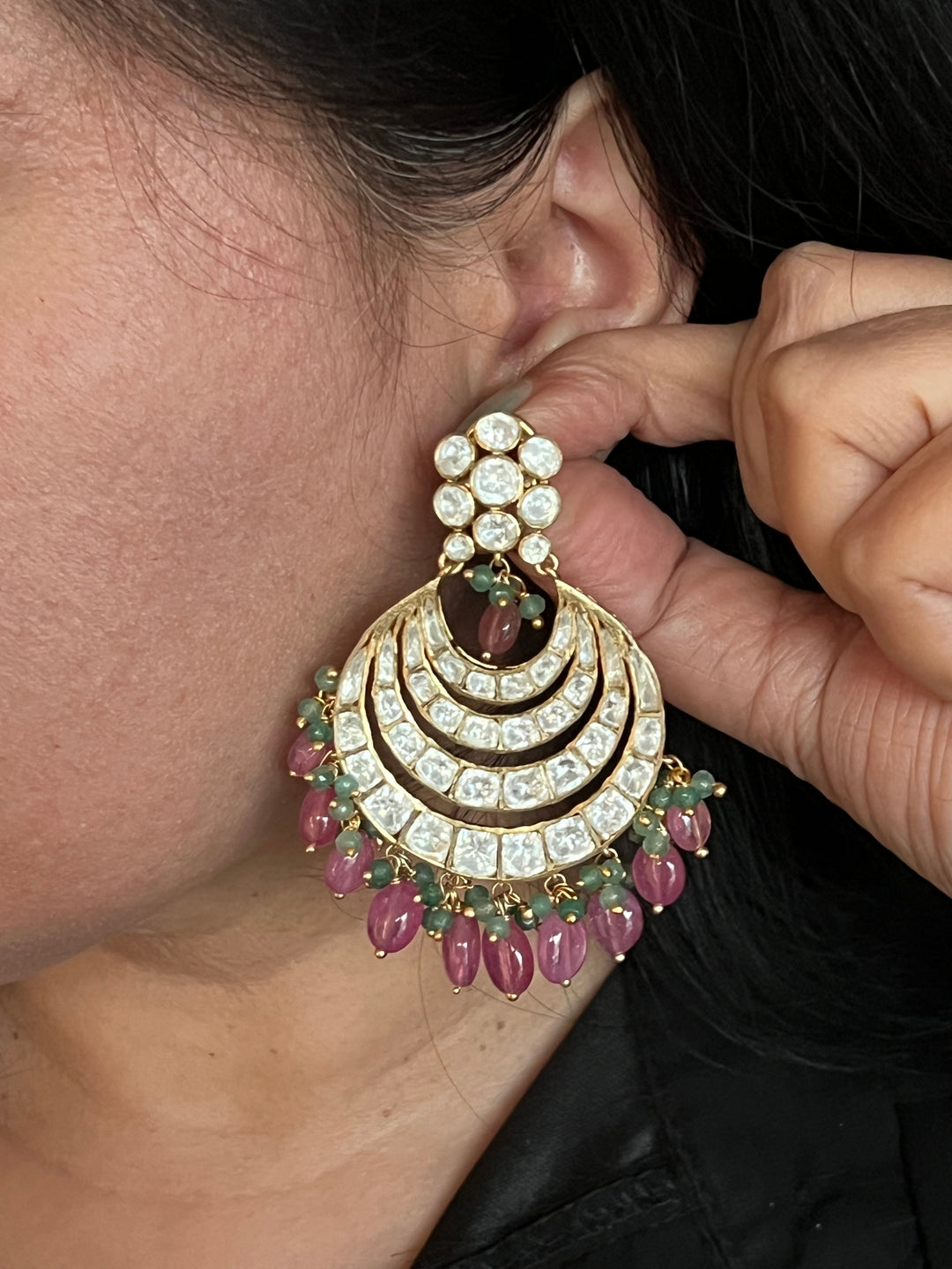 Pure 925 Silver Polki Chandbaalis with Ruby