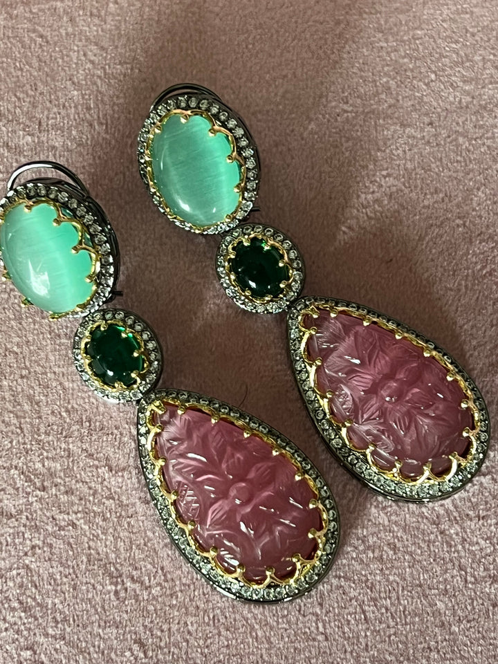 Exquisite Carved Stone Earrings - Premium Brass Craftsmanship