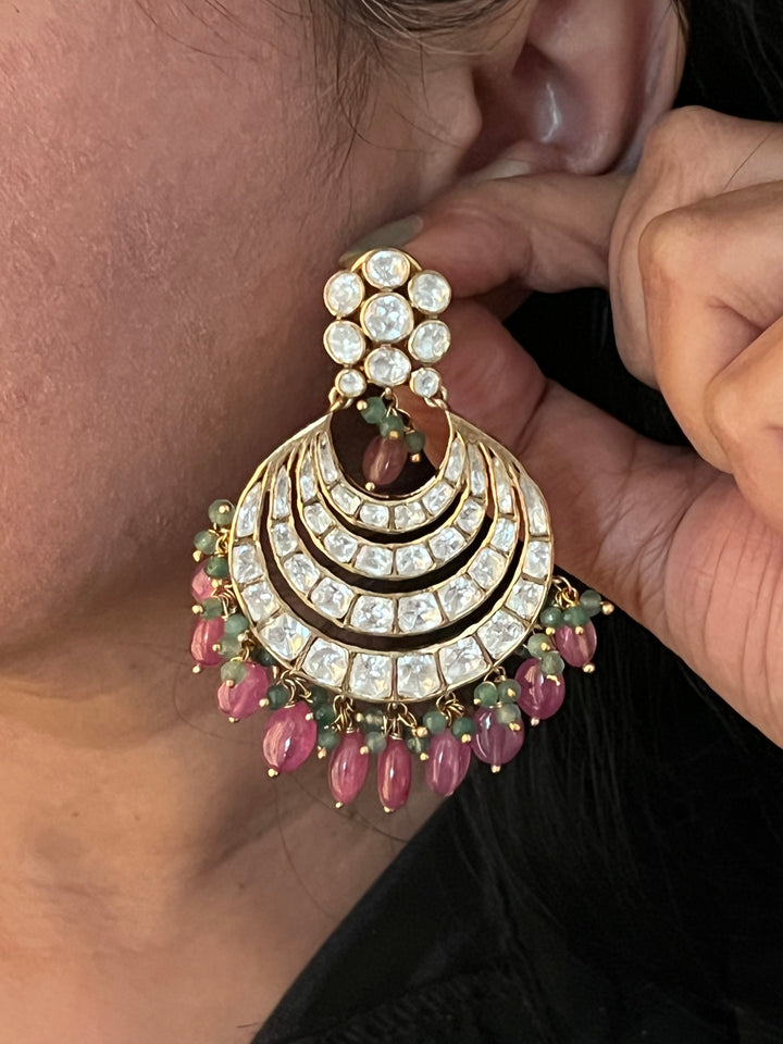 Pure 925 Silver Polki Chandbaalis with Ruby