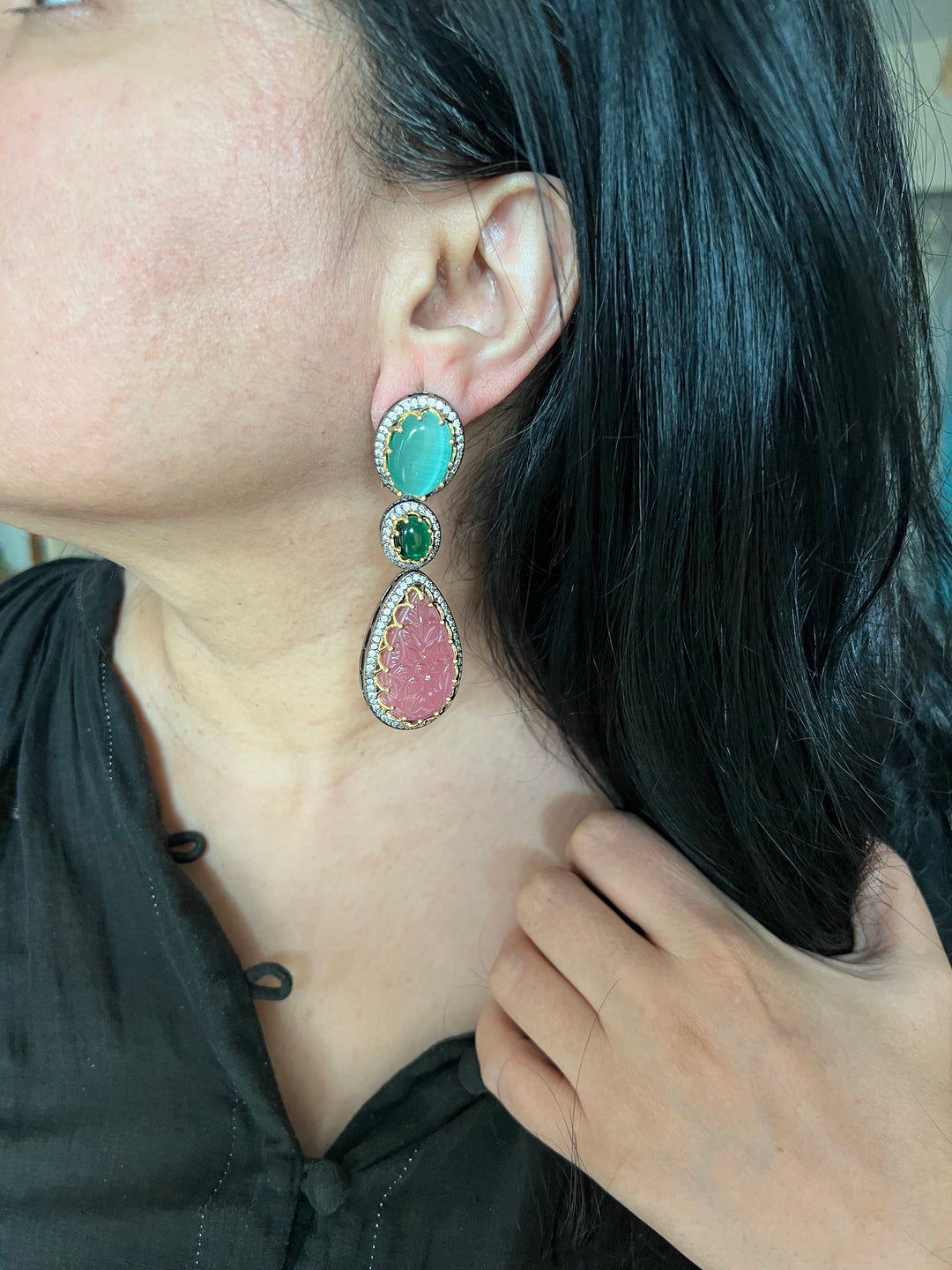 Exquisite Carved Stone Earrings - Premium Brass Craftsmanship