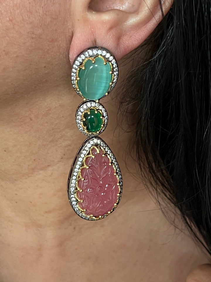 Exquisite Carved Stone Earrings - Premium Brass Craftsmanship