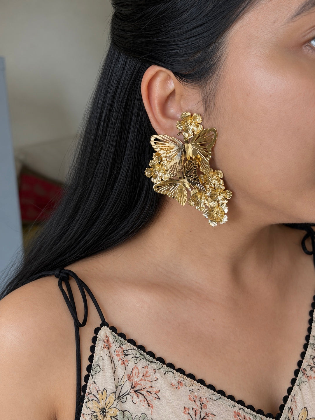 Gold-Tone Butterfly Cluster Statement Earrings