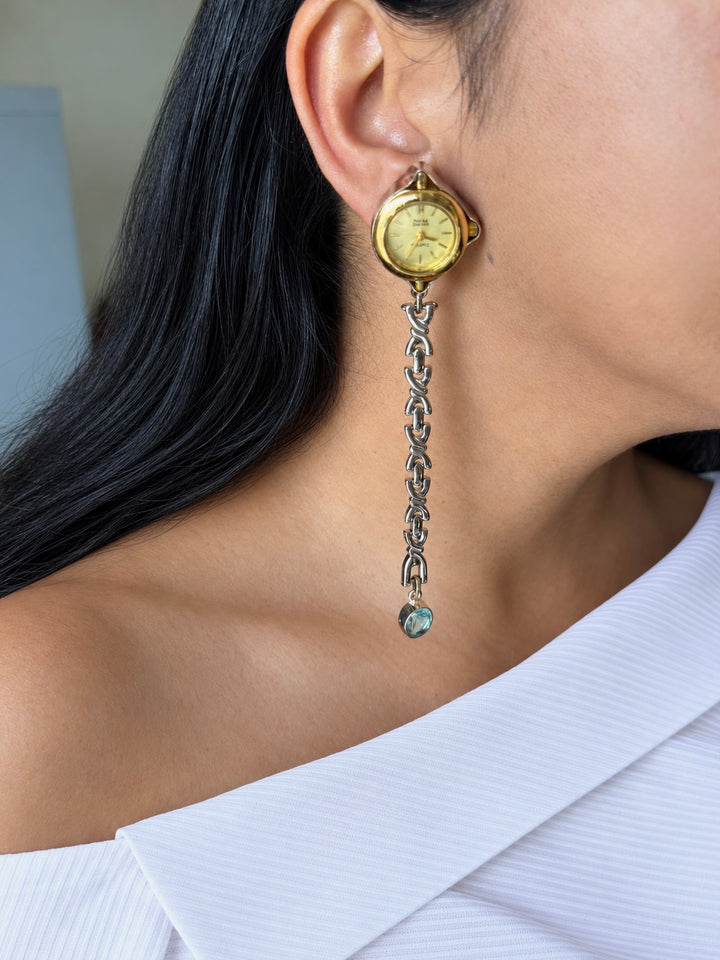 Asymmetric Vintage Watch Long Chain Earrings