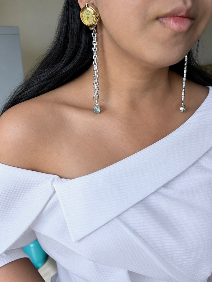 Asymmetric Vintage Watch Long Chain Earrings
