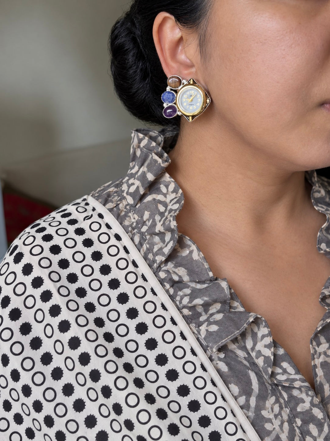 Asymmetric Watch Gemstone Stud Earrings