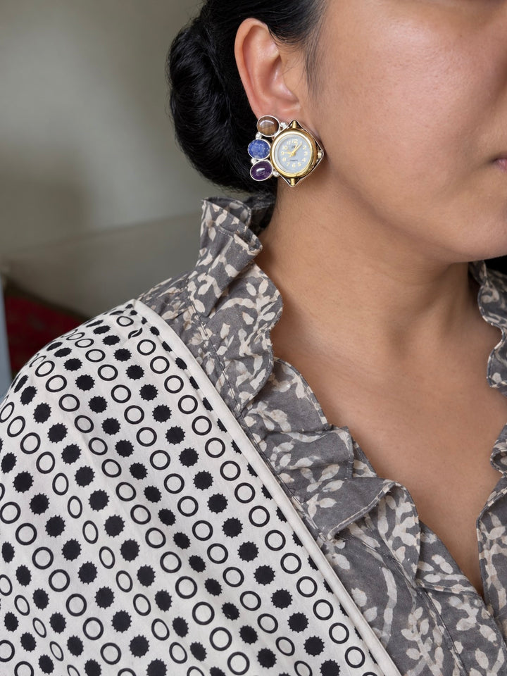 Asymmetric Watch Gemstone Stud Earrings