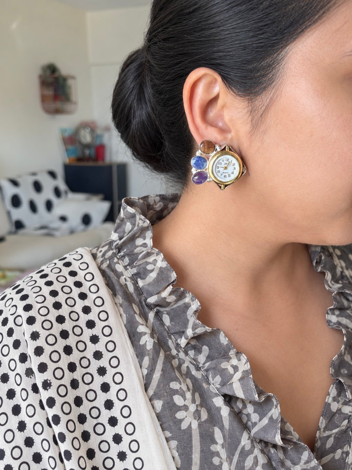 Asymmetric Watch Gemstone Stud Earrings