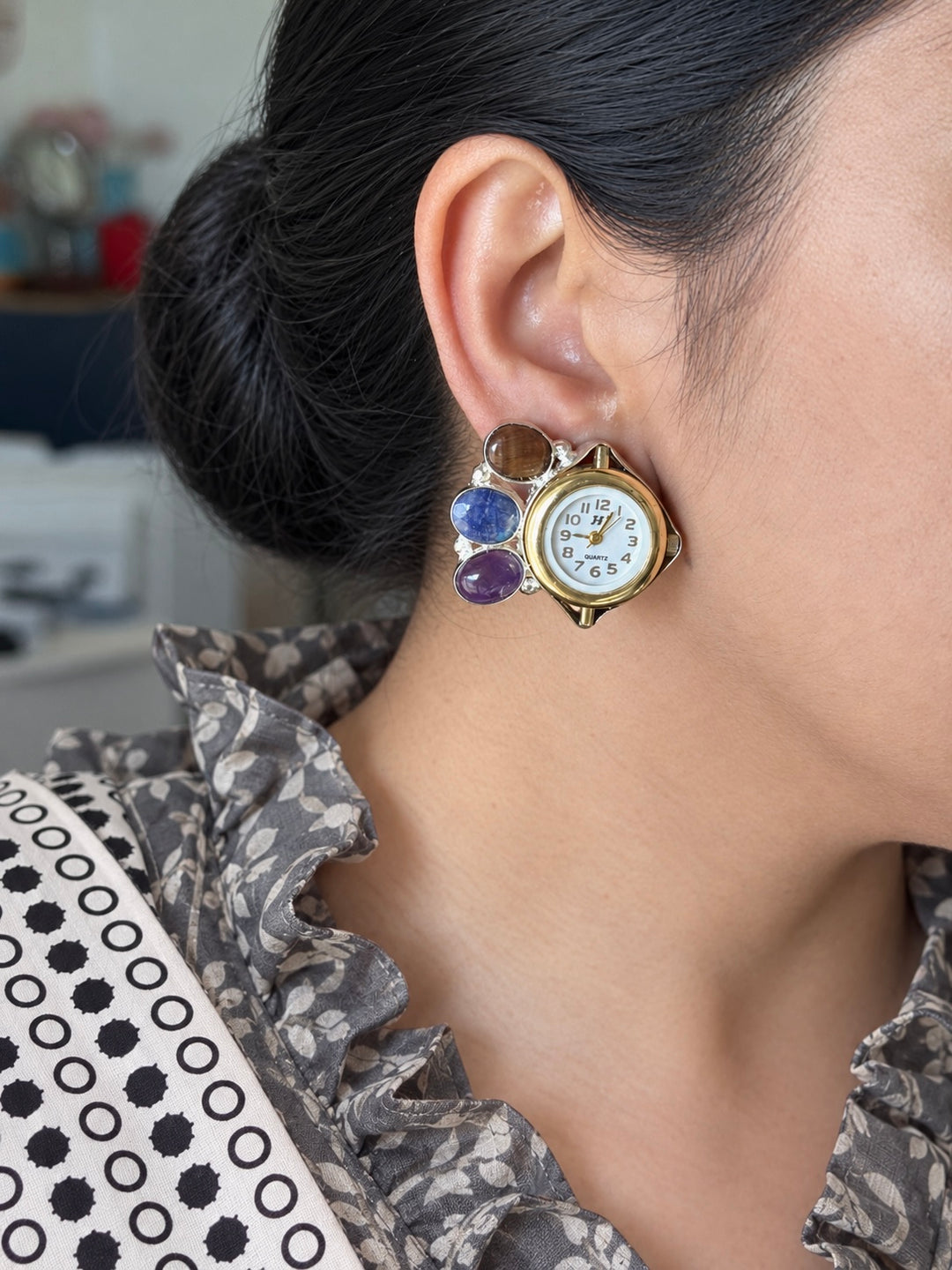 Asymmetric Watch Gemstone Stud Earrings