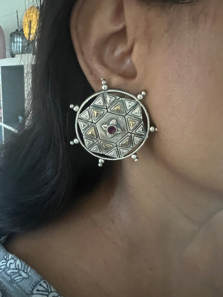 Antique Dual Tone Brass Stud Earrings | Bold Statement Studs | SHIVKA