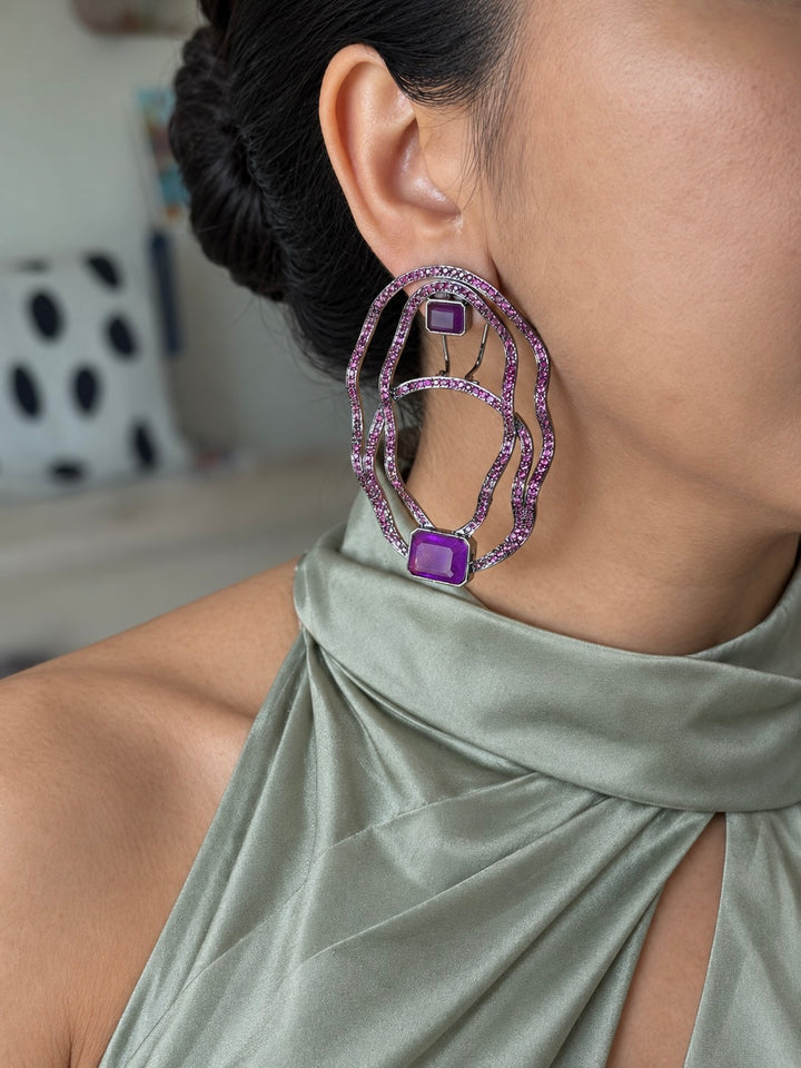Purple Crinkled Hoop CZ Statement Earrings