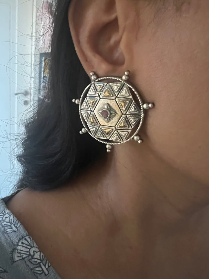 Antique Dual Tone Brass Stud Earrings | Bold Statement Studs | SHIVKA