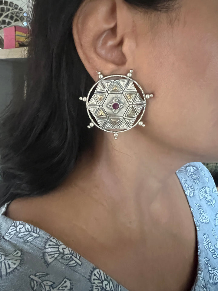 Antique Dual Tone Brass Stud Earrings | Bold Statement Studs | SHIVKA