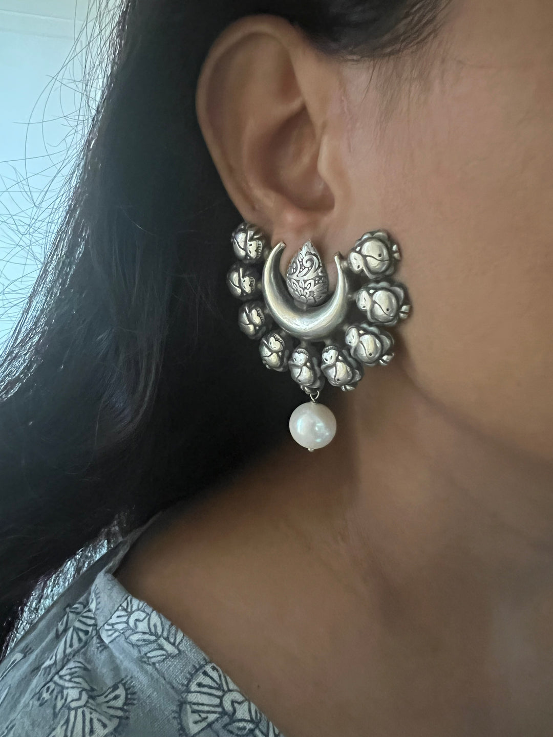 Tribal Pearl Drop Brass Earrings | Lightweight Statement Earrings | SHIVKA