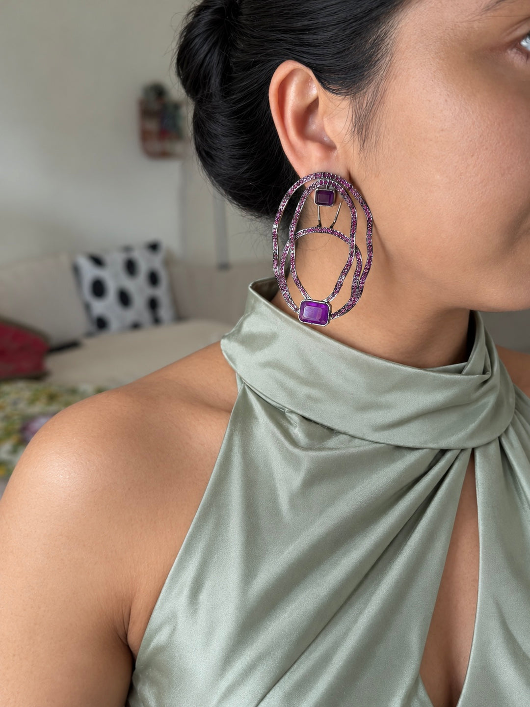 Purple Crinkled Hoop CZ Statement Earrings