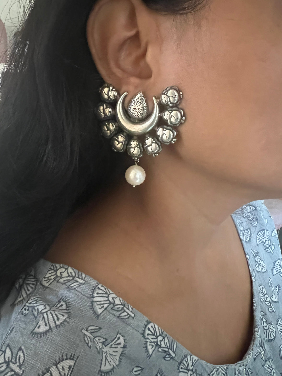 Tribal Pearl Drop Brass Earrings | Lightweight Statement Earrings | SHIVKA