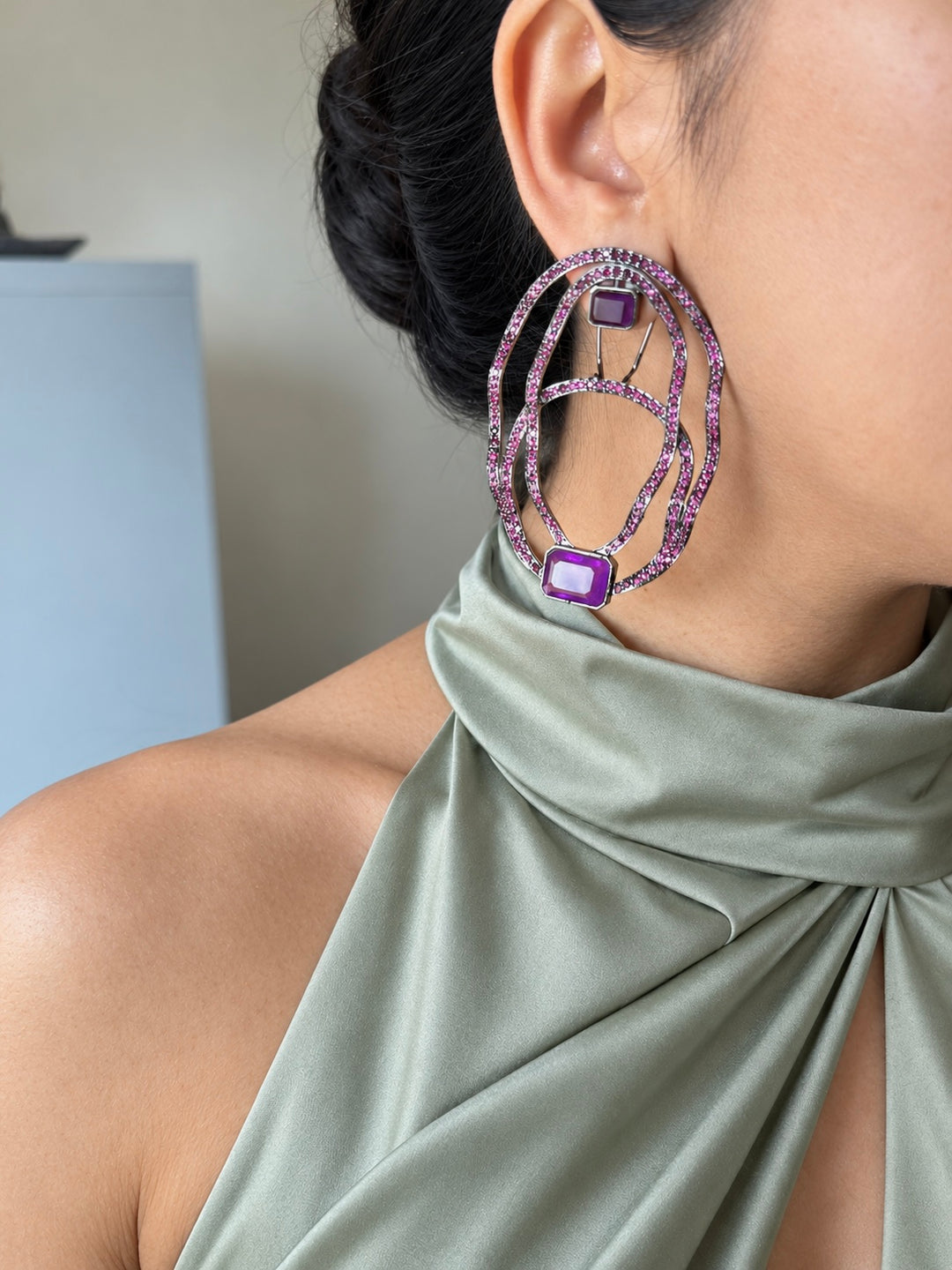 Purple Crinkled Hoop CZ Statement Earrings