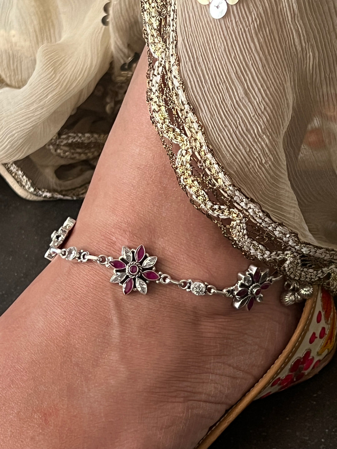 Pure 925 Pair of Flower Silver Anklets