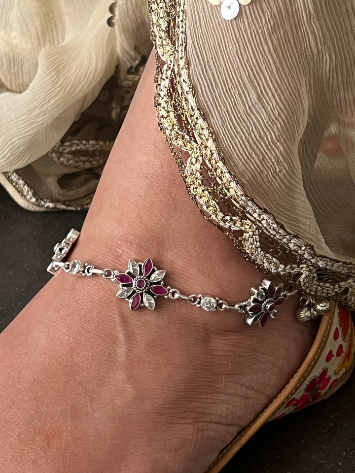 Pure 925 Pair of Flower Silver Anklets