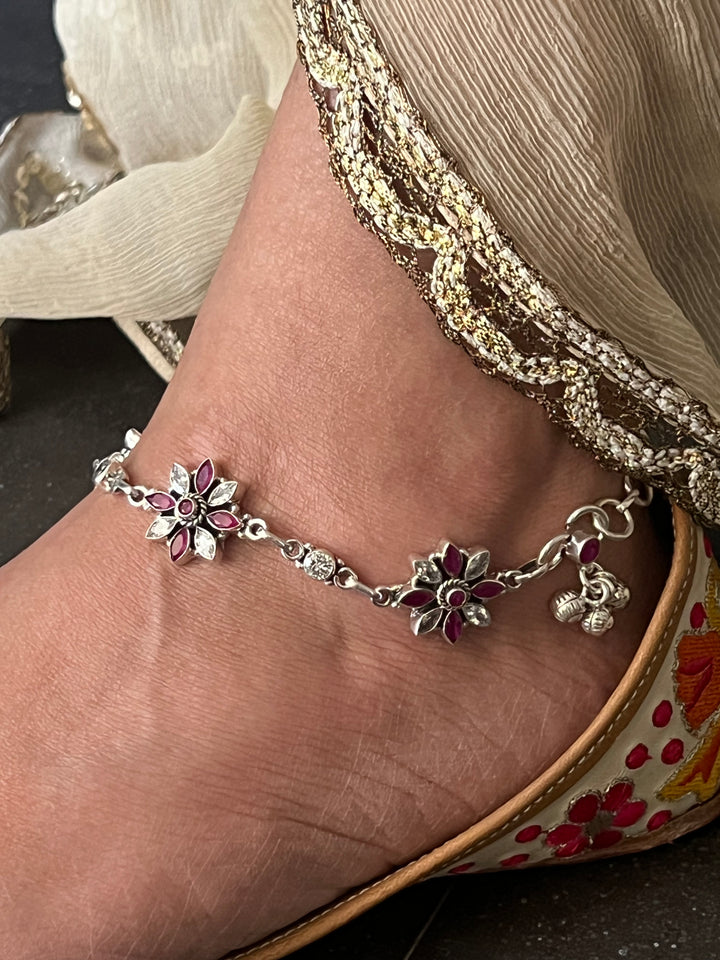 Pure 925 Pair of Flower Silver Anklets
