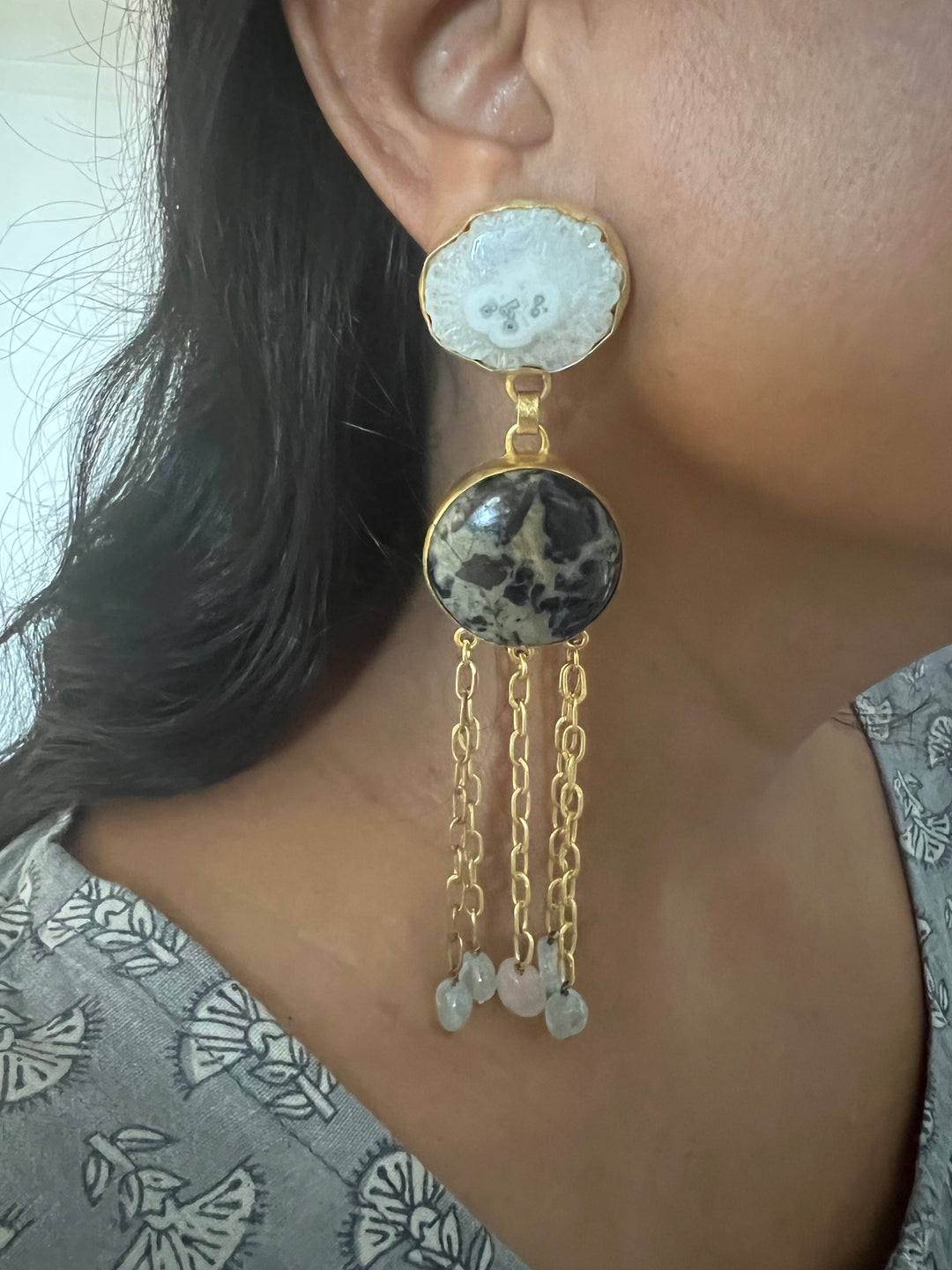 Quartz and Jasper Long Designer Earrings