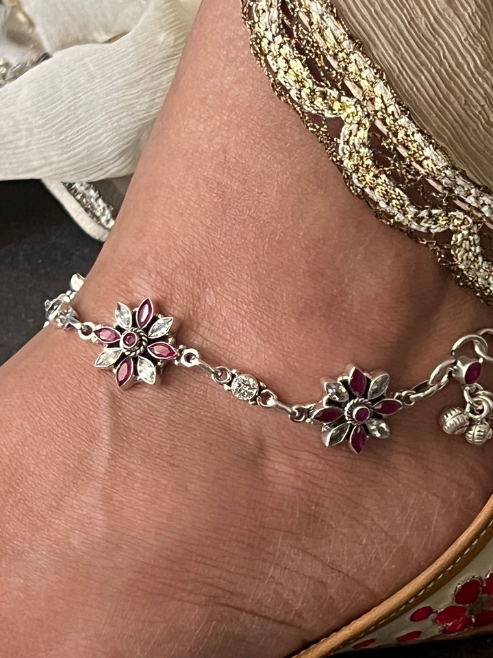 Pure 925 Pair of Flower Silver Anklets