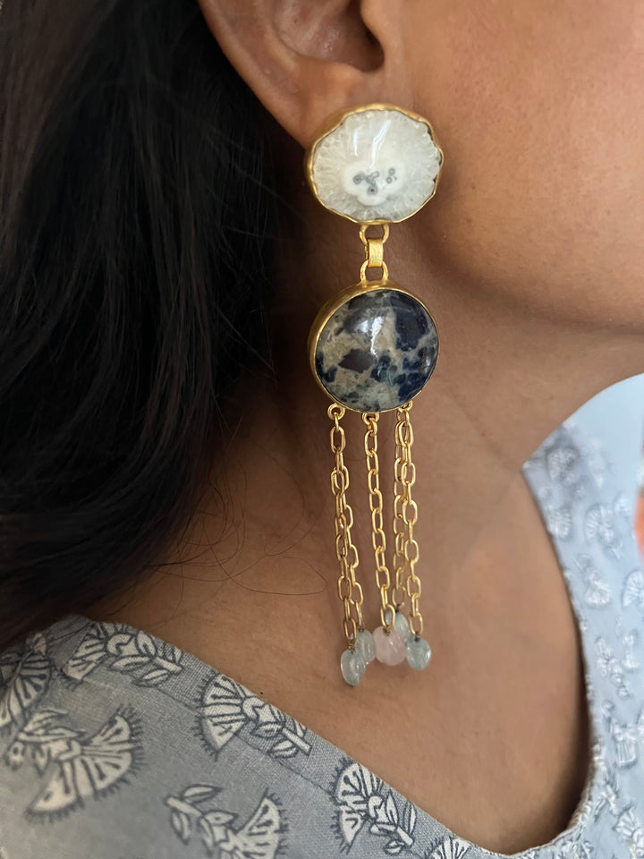 Quartz and Jasper Long Designer Earrings