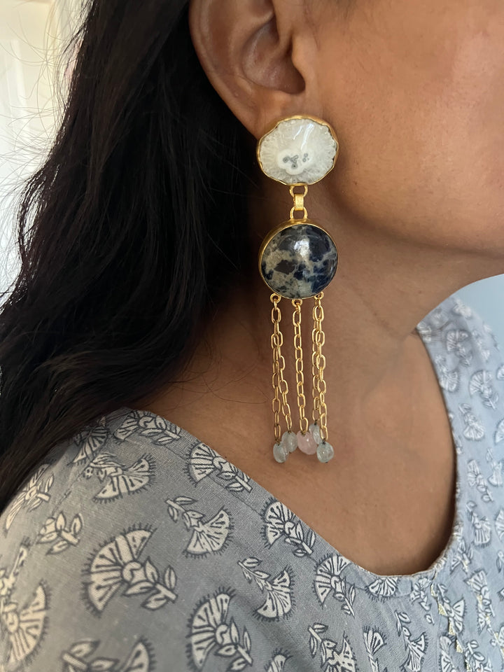 Quartz and Jasper Long Designer Earrings