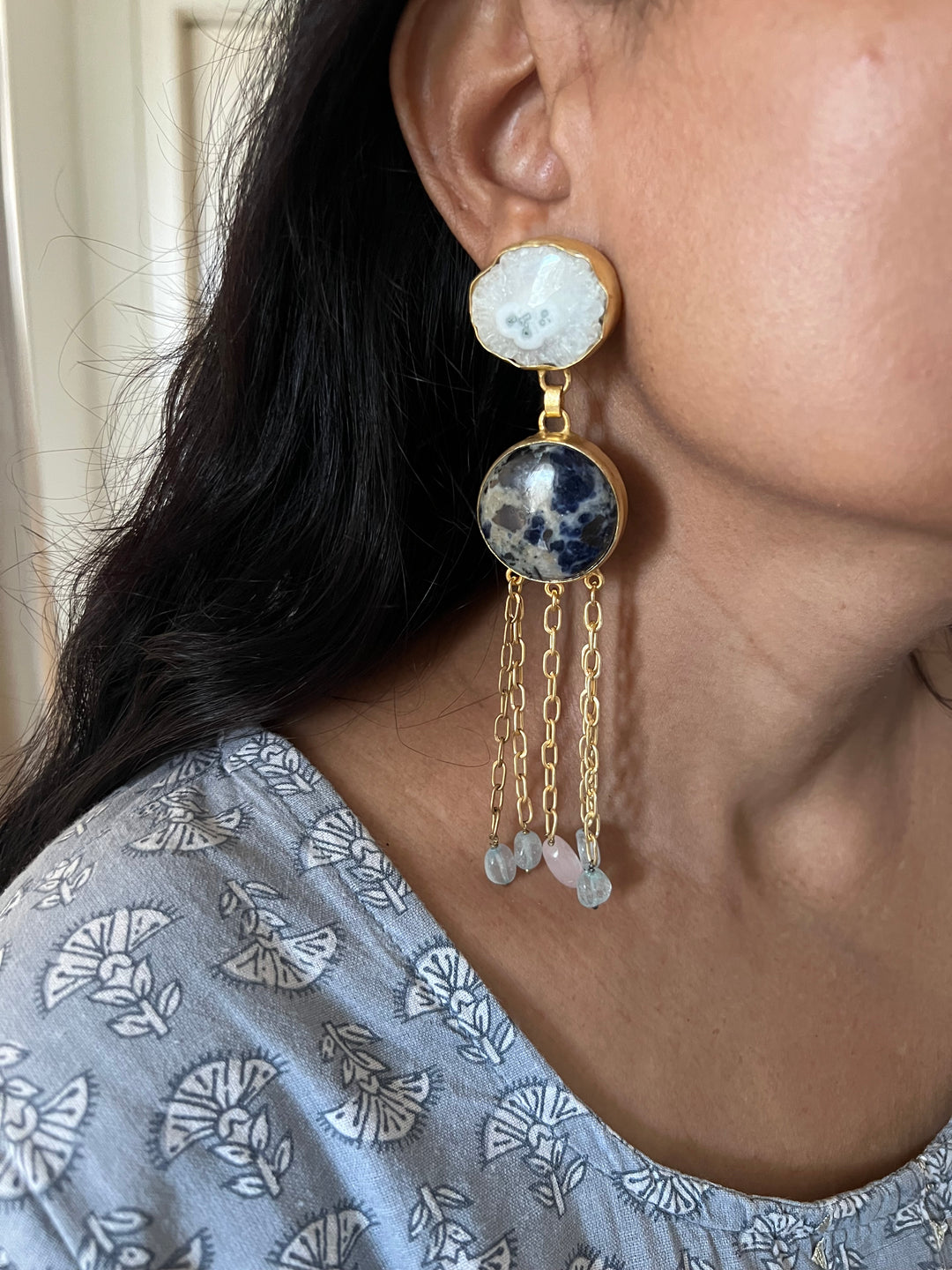 Quartz and Jasper Long Designer Earrings