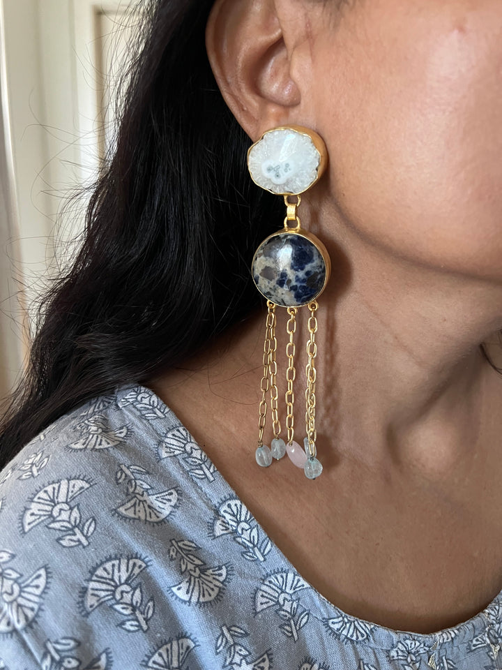 Quartz and Jasper Long Designer Earrings