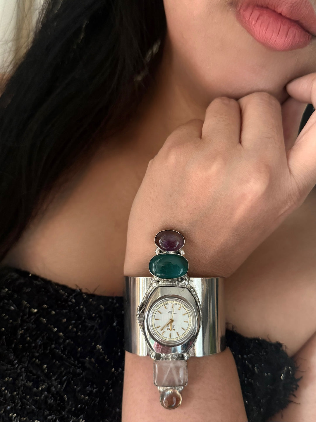 SHIVKA Vintage Watch Open Cuff Bracelet | Rose Quartz & Green Onyx | Adjustable | 75g