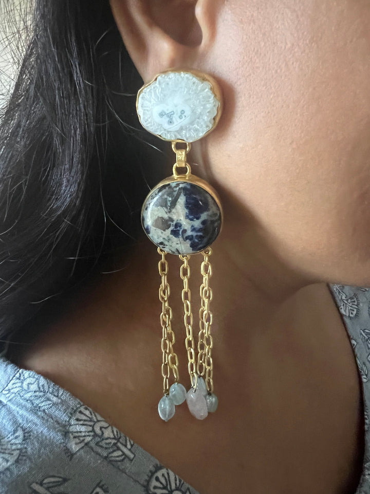 Quartz and Jasper Long Designer Earrings