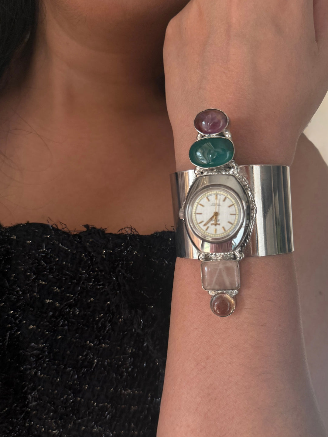 SHIVKA Vintage Watch Open Cuff Bracelet | Rose Quartz & Green Onyx | Adjustable | 75g
